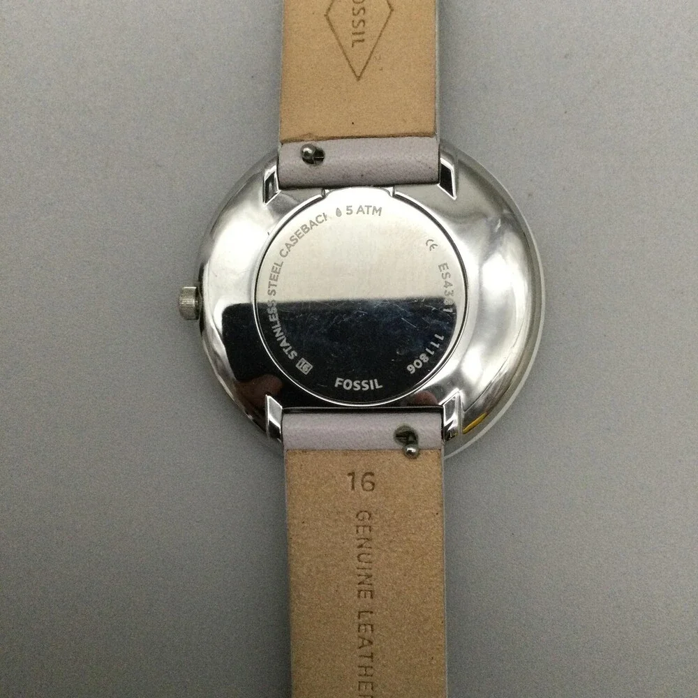 Fossil Womens Watch 38mm Faux White Marble Dial Gray Leather ES4371 New Battery